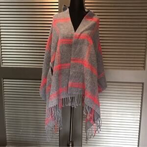 Classic Gray and Red Windowpane Shawl with Arm Holes, Cozy and Chic